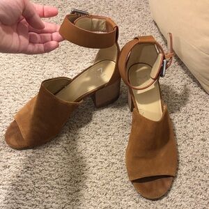 Women's Tan Suede Block Heel Sandals with Ankle Strap-Marc Fischer